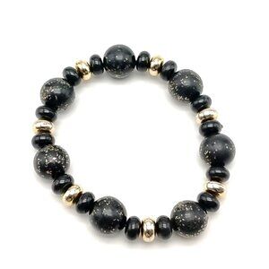 Black Beaded Stretch Bracelet with Gold Accents - Boho Chic Statement Jewelry